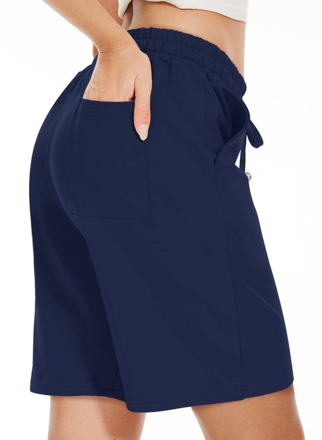 TARSE Women's Bermuda Shorts Plus Size Long Cotton Drawstring Loose with Pockets Knee Length Shorts Yoga Casual Walking Exercise Shorts(Navy,XL) - Image 3